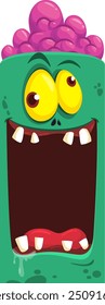 Cartoon funny green zombie character design with scary face expression and pink brain. Halloween vector illustration