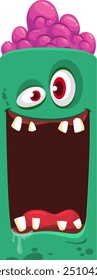 Cartoon funny green zombie character design with scary face expression and pink brain. Halloween vector illustration