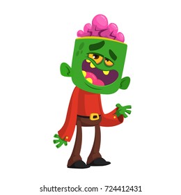 Cartoon funny green zombie  growling. Halloween vector illustration of monster. Design for logo, party invitation, emblem, children book, sticker, print, poster, game character