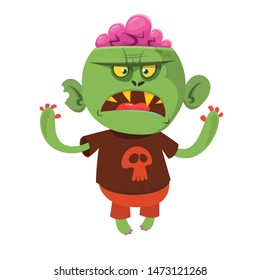 Cartoon funny green zombie. Halloween vector illustration of zombie creature.