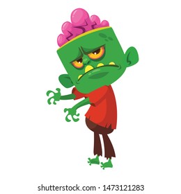 Cartoon funny green zombie. Halloween vector illustration of zombie creature.