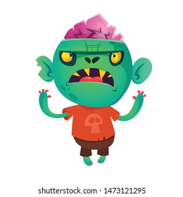 Cartoon funny green zombie. Halloween vector illustration of zombie creature.