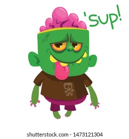 Cartoon funny green zombie. Halloween vector illustration of zombie creature.