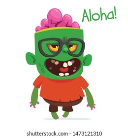 Cartoon funny green zombie. Halloween vector illustration of zombie creature.
