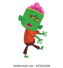 Cartoon funny green zombie. Halloween vector illustration of zombie creature.