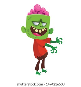 Cartoon funny green zombie. Halloween vector illustration of zombie creature.