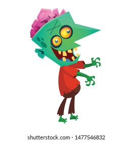 Cartoon funny green zombie. Halloween vector illustration of zombie creature.