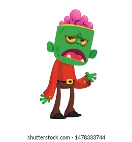Cartoon funny green zombie. Halloween vector illustration of zombie creature.