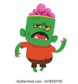 Cartoon funny green zombie. Halloween vector illustration of zombie creature.