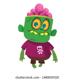 Cartoon funny green zombie. Halloween vector illustration of zombie creature.