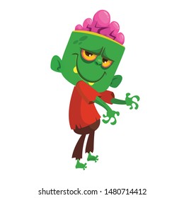 Cartoon funny green zombie. Halloween vector illustration of zombie creature.