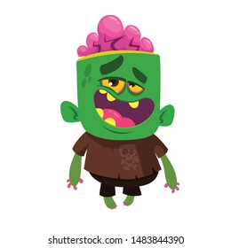 Cartoon funny green zombie. Halloween vector illustration of zombie creature.