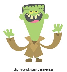 Cartoon funny green zombie. Halloween vector illustration of zombie creature.