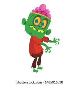 Cartoon funny green zombie. Halloween vector illustration of zombie creature.