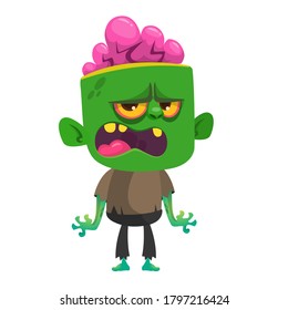 Cartoon funny green zombie. Halloween vector illustration of zombie creature.