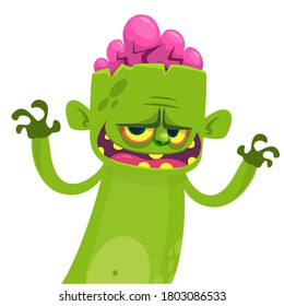 Cartoon funny green zombie. Halloween vector illustration of zombie creature.