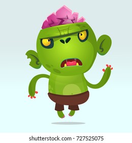 Cartoon funny green zombie. Halloween vector illustration of angry monster. Design for logo, emblem, sticker, children book or party decoration