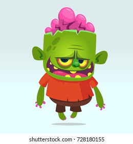 Cartoon funny green zombie. Halloween vector illustration of happy monster. Design for print, sticker, emblem, mascot , greetings invitation or party