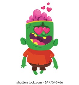 Cartoon funny green zombie in love. Halloween illustration of zombie monster.