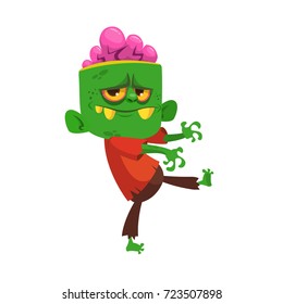 Cartoon funny green zombie  on a light gray background. Halloween vector illustration of zombie monster.
