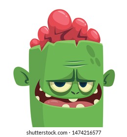 Cartoon funny green zombie with pink brains outside of the head. Halloween vector illustration