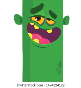 Cartoon funny green zombie with pink brains outside of the head. Halloween vector illustration