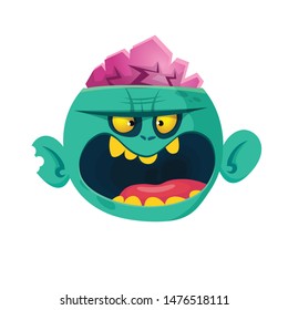 Cartoon funny green zombie with pink brains outside of the head. Halloween vector illustration
