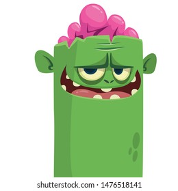 Cartoon funny green zombie with pink brains outside of the head. Halloween vector illustration