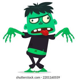Cartoon funny green zombie with pink brains outside of the head. Walking dead character design.  Halloween vector illustration isolated