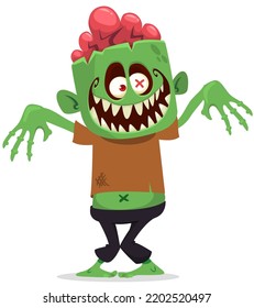 Cartoon funny green zombie with pink brains outside of the head. Walking dead character design.  Halloween vector illustration isolated