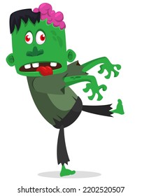Cartoon funny green zombie with pink brains outside of the head. Walking dead character design.  Halloween vector illustration isolated