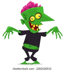 Cartoon funny green zombie with pink brains outside of the head. Walking dead character design.  Halloween vector illustration isolated