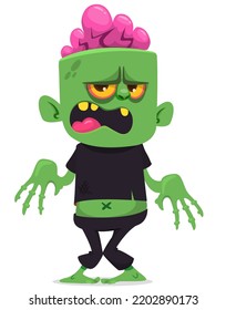 Cartoon funny green zombie with pink brains outside of the head. Walking dead character design.  Halloween vector illustration isolated