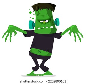 Cartoon funny green zombie with pink brains outside of the head. Walking dead character design.  Halloween vector illustration isolated