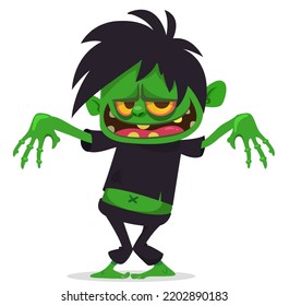 Cartoon funny green zombie with pink brains outside of the head. Walking dead character design.  Halloween vector illustration isolated