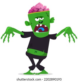 Cartoon funny green zombie with pink brains outside of the head. Walking dead character design.  Halloween vector illustration isolated