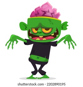 Cartoon funny green zombie with pink brains outside of the head. Walking dead character design.  Halloween vector illustration isolated