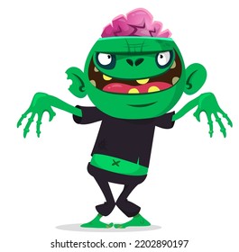 Cartoon funny green zombie with pink brains outside of the head. Walking dead character design.  Halloween vector illustration isolated