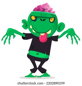 Cartoon funny green zombie with pink brains outside of the head. Walking dead character design.  Halloween vector illustration isolated