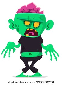 Cartoon funny green zombie with pink brains outside of the head. Walking dead character design.  Halloween vector illustration isolated
