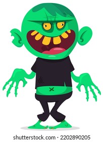 Cartoon funny green zombie with pink brains outside of the head. Walking dead character design.  Halloween vector illustration isolated