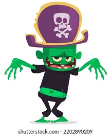 Cartoon funny green zombie with pink brains outside of the head. Walking dead character design.  Halloween vector illustration isolated