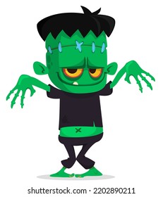 Cartoon funny green zombie with pink brains outside of the head. Walking dead character design.  Halloween vector illustration isolated