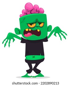 Cartoon funny green zombie with pink brains outside of the head. Walking dead character design.  Halloween vector illustration isolated
