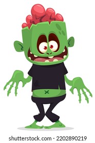 Cartoon funny green zombie with pink brains outside of the head. Walking dead character design.  Halloween vector illustration isolated