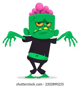 Cartoon funny green zombie with pink brains outside of the head. Walking dead character design.  Halloween vector illustration isolated