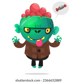 Cartoon funny green zombie with pink brains outside of the head. Halloween vector illustration isolated.
