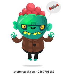 Cartoon funny green zombie with pink brains outside of the head. Halloween vector illustration isolated.