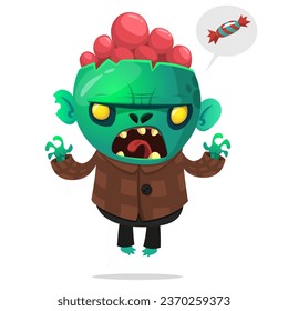 Cartoon funny green zombie with pink brains outside of the head. Halloween vector illustration isolated.