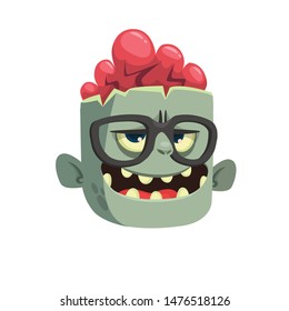 Cartoon funny green zombie wearing eyeglasses with pink brains outside of the head. Halloween character illustration